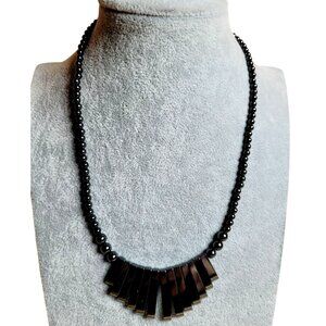 Vintage Bib Choker Necklace Hematite Bars & Beads 17" Black Gray Crystals